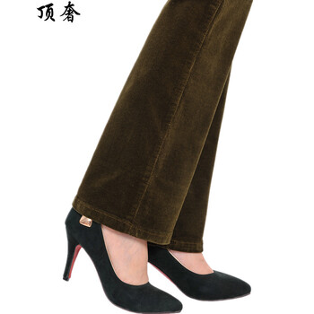 
                                        顶奢 春秋款灯芯绒微喇裤大码高腰条绒裤棉休闲女裤弹力显瘦阔脚裤修身显瘦妈妈装喇叭裤长裤子 9011款疆黄色 30码是2尺3腰围                