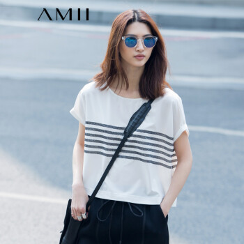 Amii【极简主义】夏新圆领落肩撞色条纹亮片宽松大码女雪纺衫11570230 米白 XL