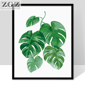 数字油画diy三联北欧绿色植物现代简约小清新龟背叶子油彩装饰画sn