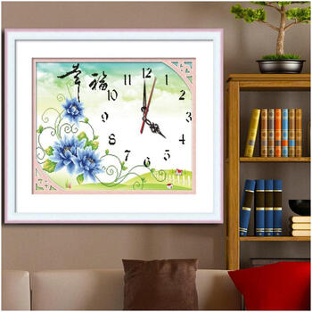 蒙娜丽莎十字绣5D钻石画十字绣贴钻画玫瑰花幸福挂钟系列圆钻钻石秀现代挂画蓝色玫瑰花最深的爱 钻石画小版幸福花开53*41.