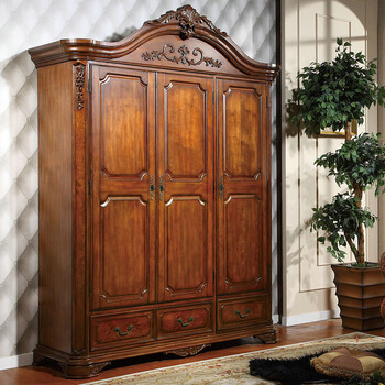 实木衣柜三门四门卧室雕花储物柜实木抽屉衣柜新古典复古衣橱 咖啡色