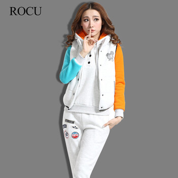 若初（ROCU） 2015秋冬女装新款加厚加绒套装连帽保暖卫衣三件套休闲韩版套装 花灰色 L合适100-108斤