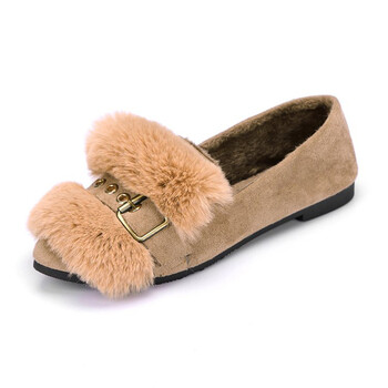 2017新款毛毛鞋女士单鞋冬季女士毛毛瓢鞋平底女鞋尖头豆豆鞋 卡其色 