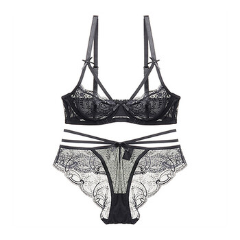 jidaina 性感蕾丝美背薄套装女秋冬法式内衣时尚系带文胸内裤女 黑色