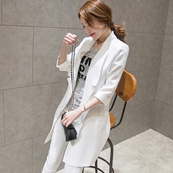 靓昕阁 2015秋季新品 韩版修身七分袖中长款休闲西服棉麻薄外套 9223 白色 L