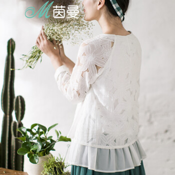 【秋冬特惠】茵曼春装新款淑女提花圆领长袖套头雪纺衫女【8532910044】 象牙白 M