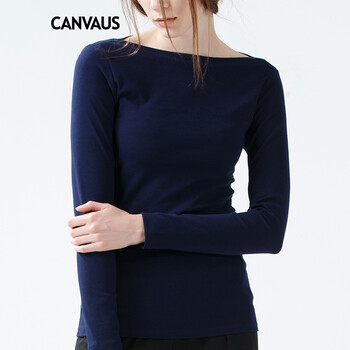 
                                        CANVAUS 棉纯色长袖T恤女一字领黑色春修身大码打底衫F132A 黑色 XXL                