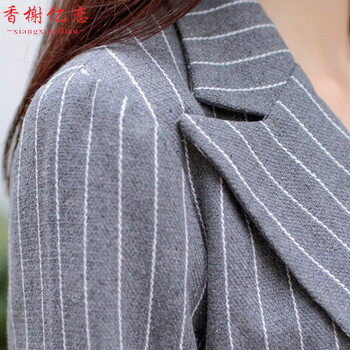 香榭亿恋2016春装新款西服女装条纹中长款长袖韩版修身西装外套女Y1576 灰色 L
