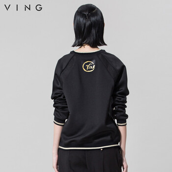 
                                        VING春秋高端女装刺绣网面拼接套头时尚棒球服卫衣女 黑色 XL                