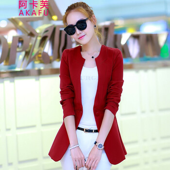 阿卡芙2015秋装新款大码女装韩版修身中长款外套显瘦女士休闲小西服淑女OL 酒红色 M