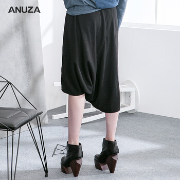 ANUZA2016秋冬新款女装不对称弹力裤头毛呢哈伦裤五分裤厚 黑色 M  适合155-168