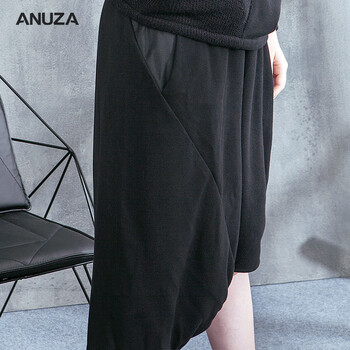 ANUZA2016秋冬新款女装不对称弹力裤头毛呢哈伦裤五分裤厚 黑色 M  适合155-168