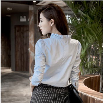 忆冰 2015秋冬新款韩版宽松套头衬衫女式雪纺衬衣 女 单排扣立领 1069 白色长袖L 蓝色 M