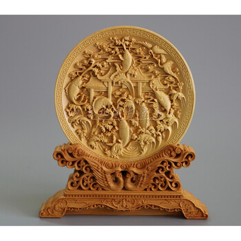 东阳黄杨实木雕刻圆盘台屏办公家居龙摆件镇宅送礼工艺品 年年有鱼