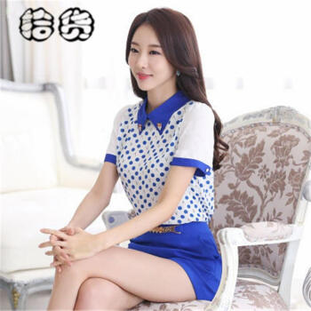 伊莱蓮2015夏款欧美优雅职业OL通勤大码女装雪纺波点金属水钻装饰短袖T恤+纯色短裤套装女 蓝色 M