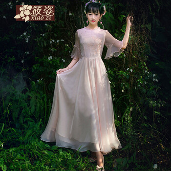筱姿 清舞 2016春夏复古新款 女装木耳边 雪纺 绣花连衣裙长裙 浅粉 M