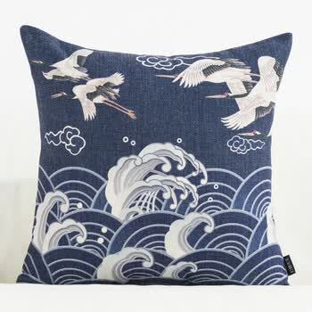 布艺浮世绘抱枕富士山民族复古棉麻沙发靠垫抱枕靠枕腰枕 云中仙鹤 方