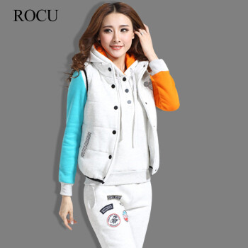 若初（ROCU） 2015秋冬女装新款加厚加绒套装连帽保暖卫衣三件套休闲韩版套装 花灰色 L合适100-108斤