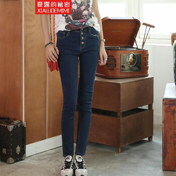 夏露的秘密韩国春季四扣蓝色修身弹力小脚铅笔牛仔裤女 蓝色 32
