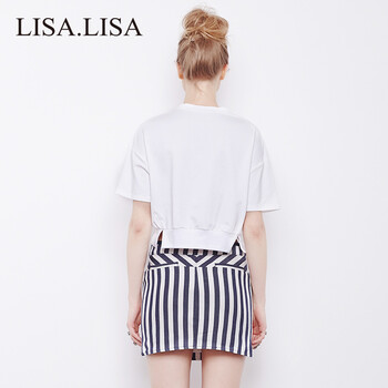 LisaLisa女装2015年夏季短款露肚脐t恤经典白色短袖T 时尚清新 白色