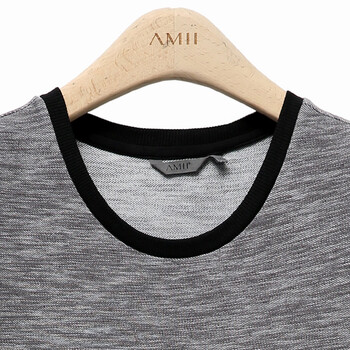 Amii【极简主义】撞色圆领七分袖黑白印花长款大码连衣裙 浅灰 L