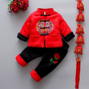 童装 旗袍唐装/民族服装 美伦可儿 唐装冬季加厚套装中国风过年衣服