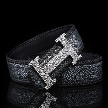 青春定格qd 进口珍珠鱼皮腰带手工雕刻工字纯银扣皮带青年商务休闲