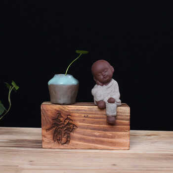 茶宠摆件精品彩砂小和尚 名家小沙弥茶玩茶具茶道配件 沉思灰色带底座