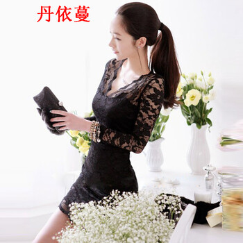 
                                        丹依蔓 性感连衣裙夜店2019夏季新款女装韩版V领大码修身打底长袖包臀连衣裙 黑色长袖 L建议高160-165重100-110斤                