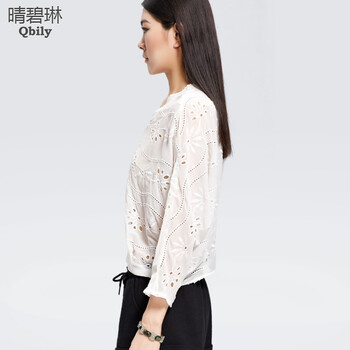 晴碧琳新品女装 蕾丝花边V领宽松蝙蝠袖绣花镂空雪纺衫 白色 L