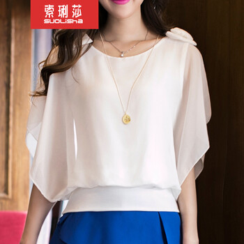 
                                        索琍莎2015新款春夏季装打底雪纺衫女夏短袖显瘦T恤纯色韩版宽松大码上衣（此款不赠送项 白色 L                
