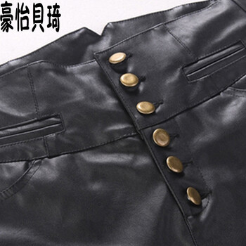 豪怡贝琦2015秋冬新款加绒加厚复古个性金属铜扣高腰修身显瘦小脚PU皮裤女  13026 黑色 M不加绒