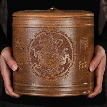 谱茗 全手工紫砂茶叶缸 仿古七饼装茶叶罐 大号茶叶罐 普洱茶叶罐 古铜七饼厚德载物