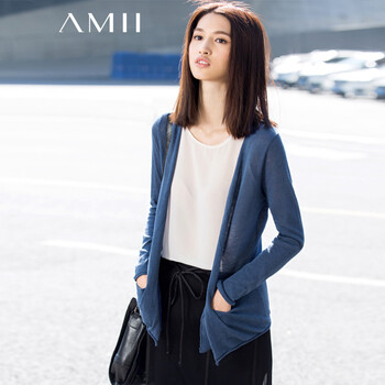 Amii【极简主义】2016春新棉麻镂空卷边无扣开衫大码针织衫女8色11540458 深灰蓝 M