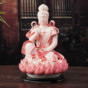 意凡 现代中式风格创意家居陶瓷摆件 观音坐莲佛像 现代家居客厅装饰工艺品摆件 乔迁送礼 红莲观音