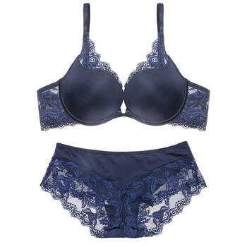 内衣一片式女子舒适欧美性感蕾丝边全罩杯胸罩内裤文胸套装 深蓝 80a