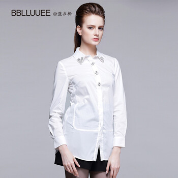 BBLLUUEE Color 秋季新款纯色单排多扣V领通勤优雅衬衫女 白色 XXL