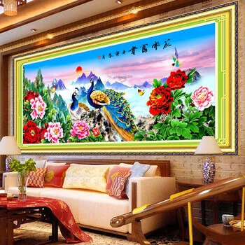 画时代新款5d魔方钻钻石画花开富贵孔雀牡丹点钻钻石十字绣客厅砖石秀 魔方钻孔雀牡丹120*51CM