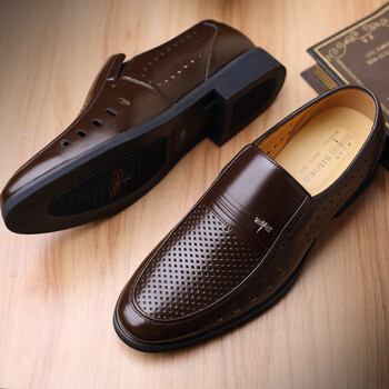 皮鞋男镂空夏季真皮透气商务休闲中老年爸爸黑色夏天洞洞凉鞋套脚