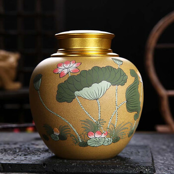 尊壶紫砂茶叶罐锡罐 手工花瓶彩绘荷花锡口罐普洱茶密封罐 段泥