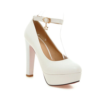 白色防水台女鞋单鞋女士皮鞋女夏粗跟单跟恨天高鞋子浅色高跟鞋 白色