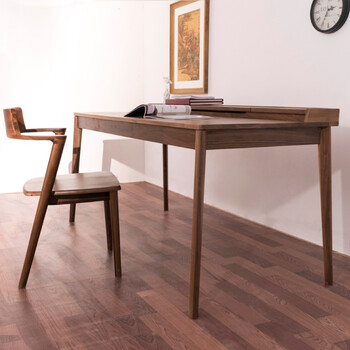侧畔北欧简约纯实木书桌黑胡桃木写字台线盒台式电脑