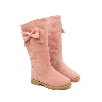 靴子韩版中大童甜美蝴蝶结公主时装靴学生加绒保暖长筒靴防滑 粉色 37