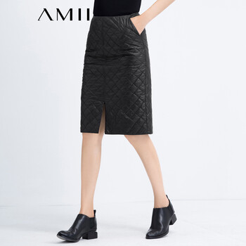 Amii【极简主义】2016春新通勤保暖菱格开叉插袋中低腰修身半身裙11571306 黑色 L
