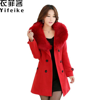 衣菲客2015初秋深冬新款女韩版中长款双排扣大毛领毛呢大衣 带毛领 大气红色 L 带毛领