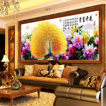 晨轩100%精准印花 花开富贵金孔雀开屏十字绣 货号KS高清印花客厅风景 11CT精准印花棉线大版2.0米