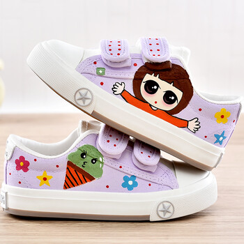 圣西卡蒙女童帆布鞋魔术贴童鞋手绘鞋卡通儿童鞋春季新款小学生球鞋