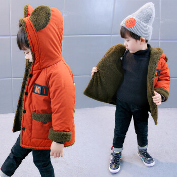 男宝宝冬装新款韩版男童棉衣儿童棉袄5小男孩6岁加绒外套 桔色 熊耳朵