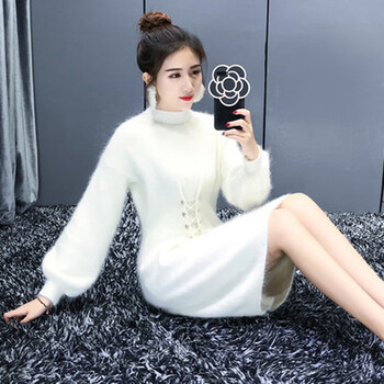 2017秋冬季新款兔毛宽松灯笼袖加厚毛衣女中长款白色针织连衣裙子