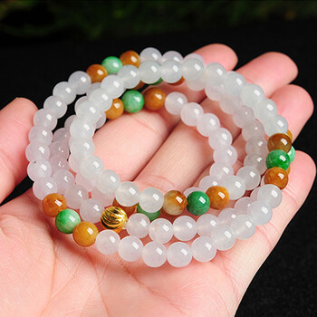 永恒之环天然白三彩圆珠项链a货翡翠冰白豆绿黄翡玉珠长项链sn7826